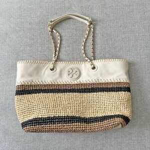 Tory Burch Marion Straw and Leather Tote shoulder bag purse